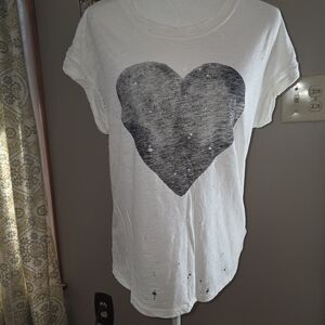Express White Short Sleeve Tee with Distressed Black Heart